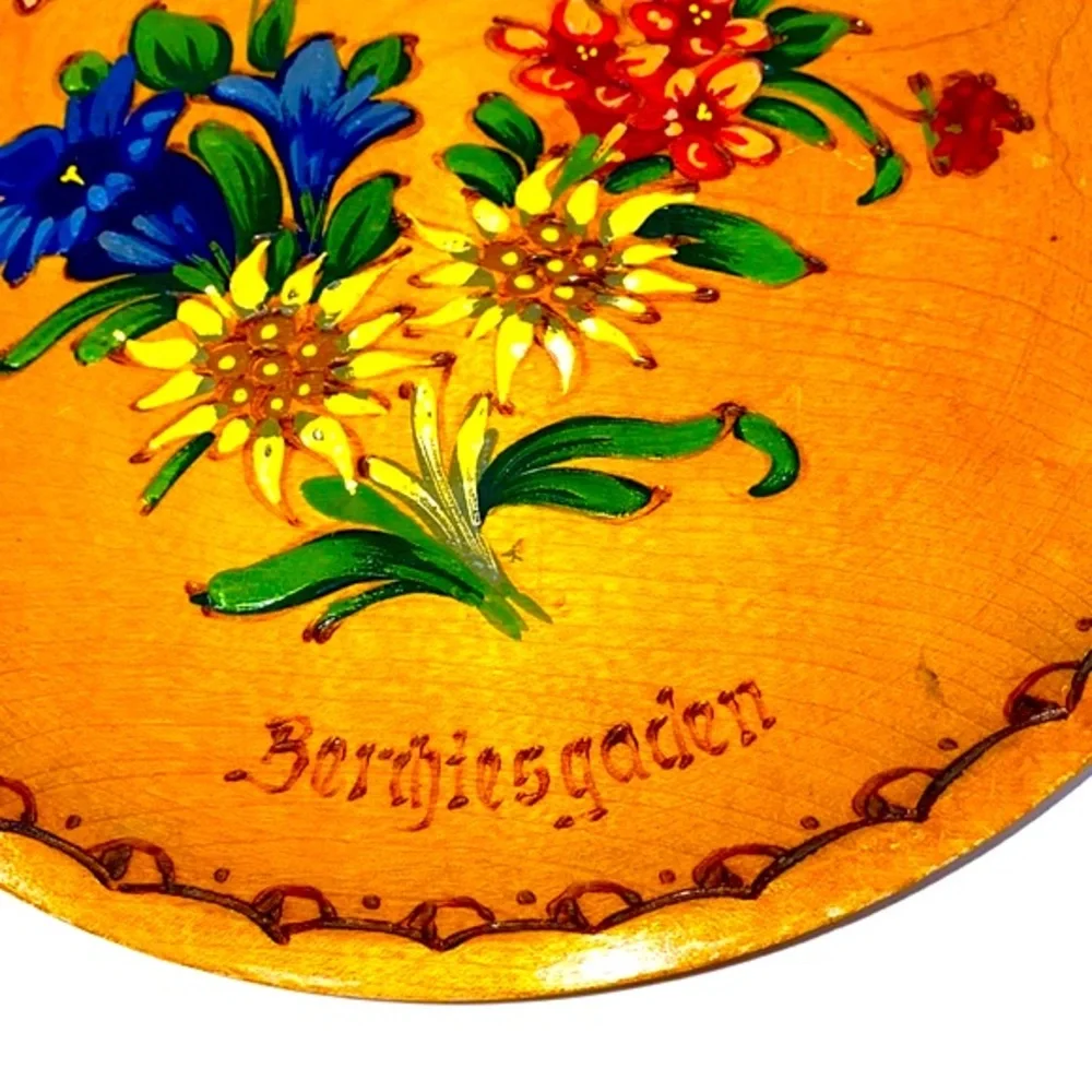 Vintage German Hand Painted Wood Plate Floral Carved Wall Decor Berchtesgaden